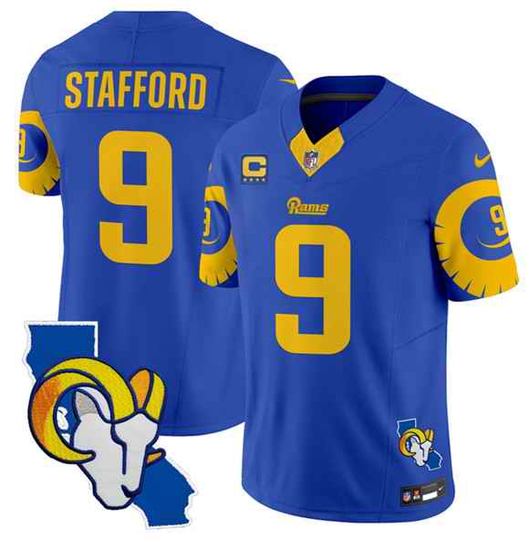 Men's Los Angeles Rams #9 Matthew Stafford Royal 2025 4-Star C Patch F.U.S.E. V2 Limited Stitched Football Jersey